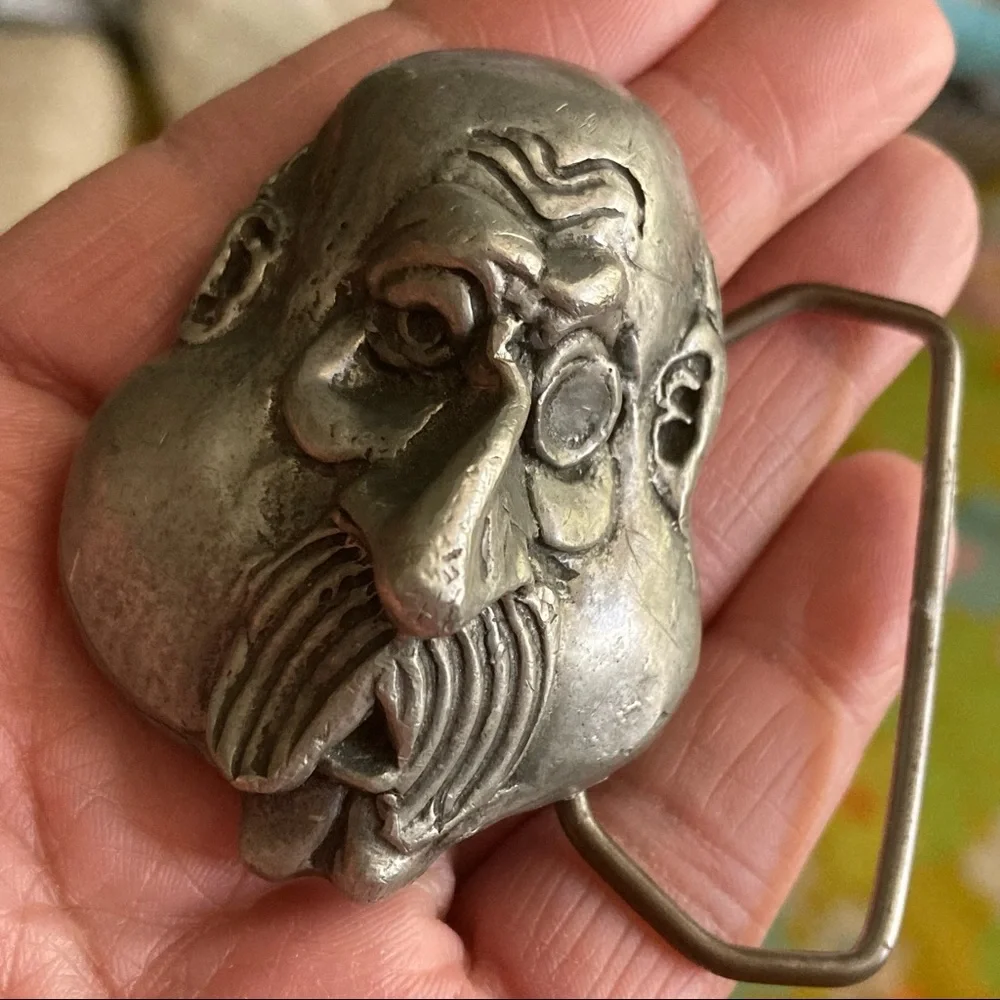 Face belt buckle bald man monocle Vintage pewter Indiana Metal Craft